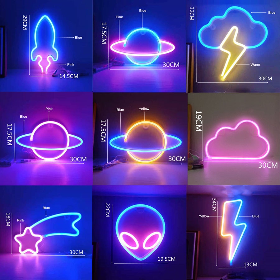 Viopvery 3 Pcs Neon Signs,LED Neon Light Signs for Wall Decoration,LED  Cloud Lightning Planet